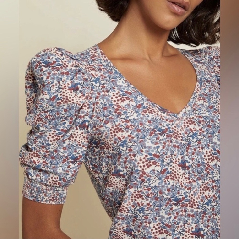 Nation LTD Celine Puff Sleeve V-Neck Cotton Tee Shirt Cherry Blossom Pima Cotton